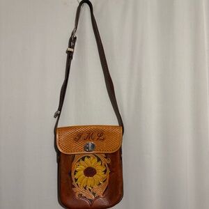 Women's Brown Hand-tooled  Leather Crossbody Bag with Sunflower design monogram